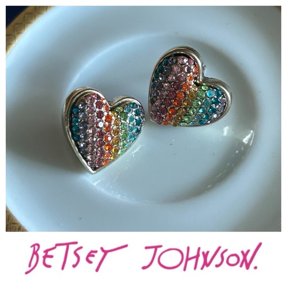 Betsey Johnson Jewelry - Betsey Johnson Rainbow Connection Pave Heart Stud Earrings
